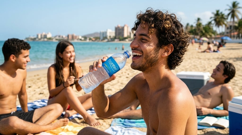 Disfrutando Agua Frontier en la playa - Hidratación Natural