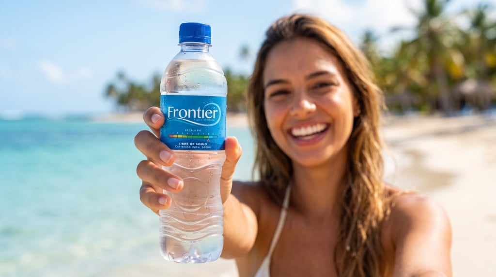 Etiqueta real de Agua Frontier mostrando pH 8.2
