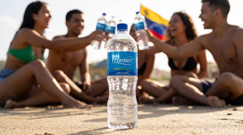 Amigos brindando con Agua Frontier en Venezuela